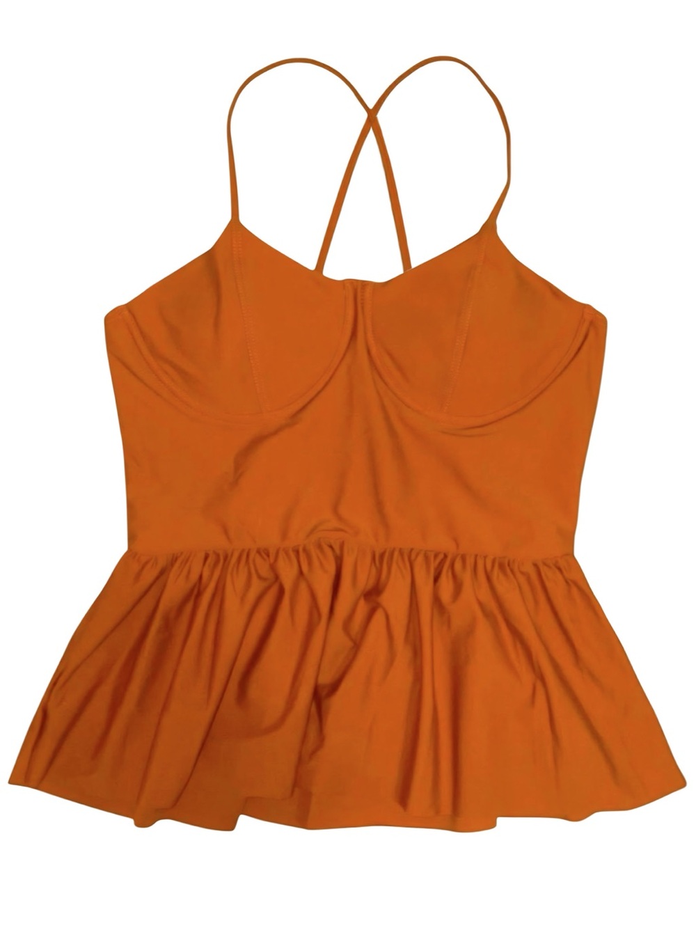 Burnt Orange Adjustable Tankini Top With Flowy Peplum Style Ruffle Bottom
